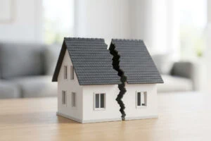 How is real estate divided in a divorce, figure of. house spit down the middle
