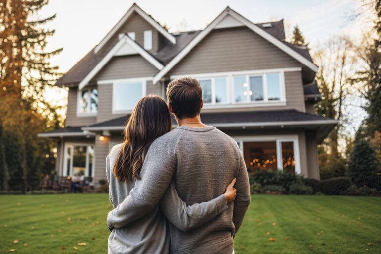 step by step guide to buying your first home, couple standing in front of home