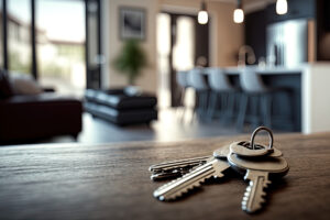 Set of house keys on a wooden table with a blurred modern living room in the background.